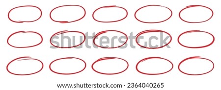 Hand drawn red oval set. Hand drawn doodle marker, pen stroke line highlight oval frame. Scribble round frame for text highlight. Grunge scratch style set. Vector illustration