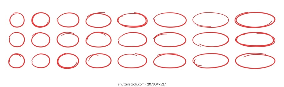 Ovalos rojos dibujados a mano y círculos establecidos. Ovalos de diferentes anchuras. Resalte los marcos de círculo. Elipses en estilo doodle. Conjunto de ilustraciones vectoriales aisladas en fondo blanco.