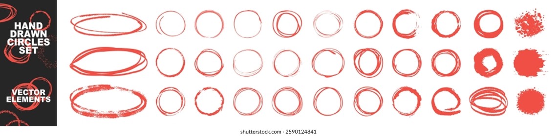 Hand drawn red ovals and circles set. Round freehand shapes and highlights isolated on transparent. Vector circular scribble doodle round circles for message note mark design element