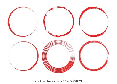 Hand drawn red ovals set. Ovals of different widths. Highlight circle frames. Ellipses in doodle style. Set of vector illustration isolated on white background design eps 10