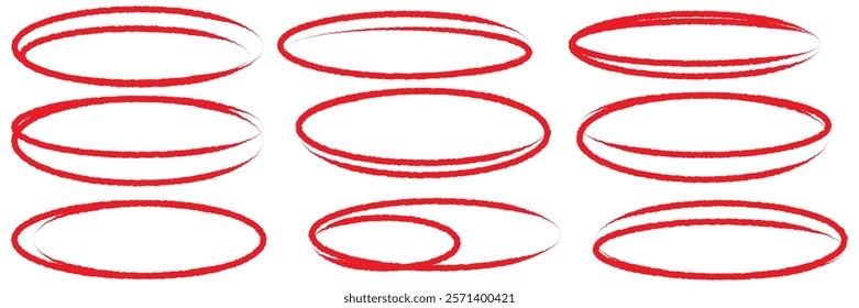 Hand drawn red ovals set. Ovals of different widths. Highlight circle frames. Ellipses in doodle style. Set of vector illustration isolated on white background.