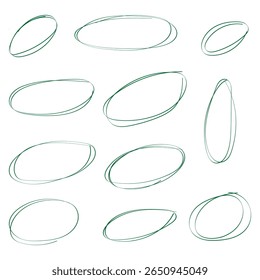 Hand drawn red ovals set. Ovals of different widths. Highlight circle frames. Ellipses in doodle style. Set of vector illustration isolated on white background.888