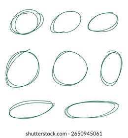 Conjunto de óvalos rojos dibujados a mano. Óvalos de diferentes anchos. Resalte los marcos circulares. Elipses en estilo doodle. Conjunto de Ilustración vectorial aislado sobre fondo blanco.888