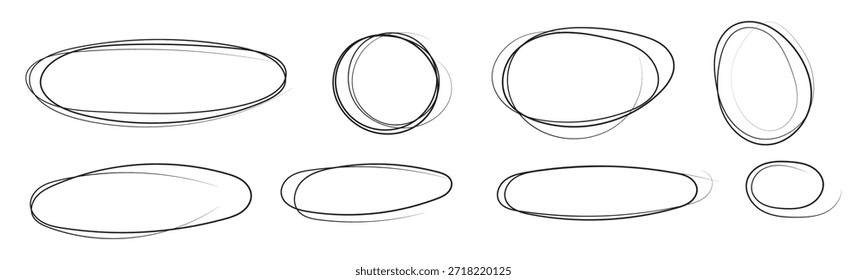 Conjunto de óvalos rojos dibujados a mano. Óvalos de diferentes anchos. Resalte los marcos circulares. Elipses en estilo doodle. Conjunto de Ilustración vectorial aislada sobre fondo blanco.
