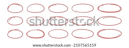 Hand drawn red ovals set. Ovals of different widths. Highlight circle frames. Ellipses in doodle style. Set of vector illustration isolated on white background.