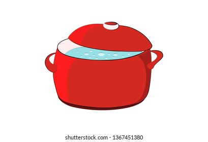 Hand drawn red pan with red lid in vector. There is water in the pan and it boils