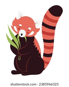 Hand drawn red panda sitting and eating green leaves, isolated vector illustration