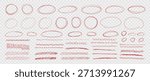 Hand drawn red pen collection showing round circle underline marks with doodle lines and strokes. Bundle of highlight text and scribble oval line. Vector set kit on like transparent png bg.