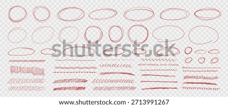 Hand drawn red pen collection showing round circle underline marks with doodle lines and strokes. Bundle of highlight text and scribble oval line. Vector set kit on like transparent png bg.