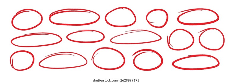Hand drawn red pen highlight round oval frame set. Handwritten red marker, pencil scribble stroke line oval frame. Brush round frame highlight. Grunge scratch style set. Vector illustration