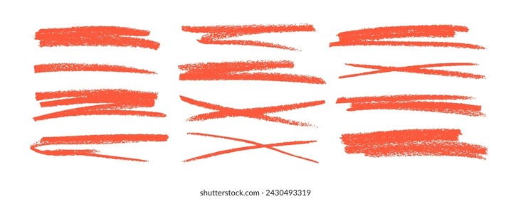 Hand drawn red pencil lines and strikethrough set. Vector charcoal stripes and crossed rough lines. Horizontal straight strokes and strike trough collection. Underline and emphasis elements.