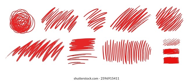 Hand drawn red pencil lines and strokes. Red hand-drawn scribbles and sketchy brush strokes