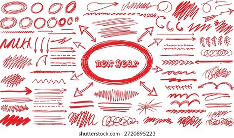 Hand drawn red penframe set. Handwritten red marker, pencil scribble stroke line oval frame. Brush round frame highlight. Grunge scratch style set. Vector 