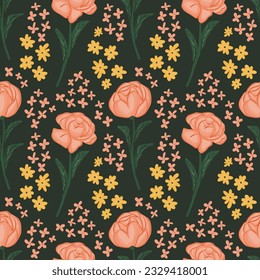 Hand drawn red peonies and various flower seamless pattern