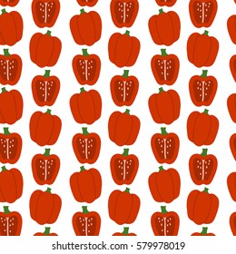 Hand drawn red pepper vector seamless pattern. Cute colorful background texture for kitchen wallpaper, textile, fabric, paper. Flat vegetables background. Vegan, farm, natural food illustration