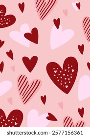 Hand drawn red and pink hearts on soft pink background. Greeting card, poster, banner for Valentine's Day, romantic themes, or festive designs. Vector art