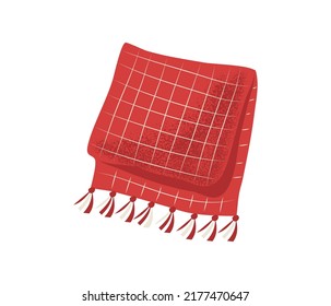 Hand drawn red plaid checkered blanket with fringe, isolated on white vector illustration in flat style with grainy texture