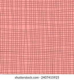 Hand drawn red plaid pattern. Check, square doodle background. Line art freehand grid. Crossing brown stripes brush stroke. Notebook Texture. Abstract Psychedelic print with Wavy Doodle Stripes.