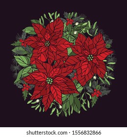 Hand drawn red poinsettias and Christmas plants in a circle. Sketch illustration.