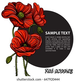 Hand drawn red poppies. Vector illustration with space for text. Floral element design for banners, posters, greeting cards and other items.