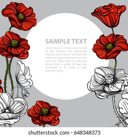 Hand drawn red poppies. Vector illustration with space for text. Floral design element for banners, posters, greeting cards and other items.