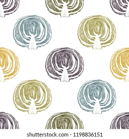 Hand drawn red (purple) cabbage with  leaves and head. Vintage vegetables background. Vector harvest seamless pattern.