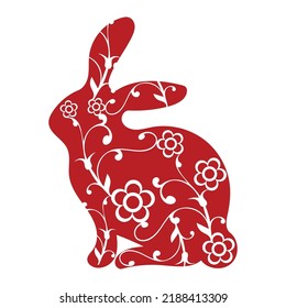 Handgezeichnetes, rotes Kaninchen mit Blumen und Blätterziern, Schnittkunst-Muster, Vektorgrafik einzeln auf weißem Hintergrund. Chinesisches Mondhase im neuen Jahr. Jahr des Kaninchens 2023 Tierkreiszeichen.
