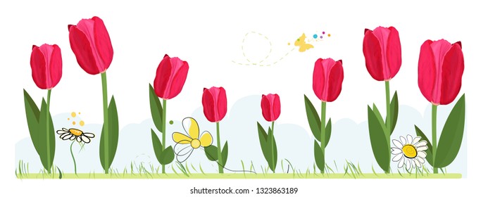 Hand drawn red realistic tulips with daisies and butterfly. Spring time banner background illustration