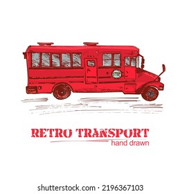 Hand drawn red retro bus isolated on white background. Vintage truck in sketch style. Art design for poster, flayer, banner. Vector illustration