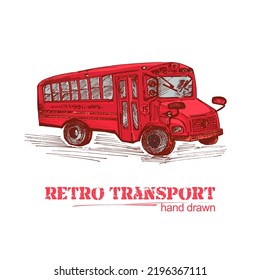 Hand drawn red retro bus isolated on white background. Vintage truck in sketch style. Art design for poster, flayer, banner. Vector illustration