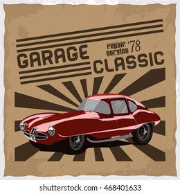 Hand drawn red retro car on dusty background and text 'Garage Classic', t-shirt design, retro style