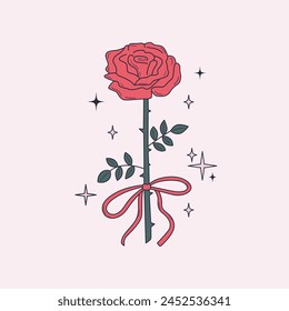 Hand drawn red rose flower with cute ribbon bow. Line art botanical drawing for tattoo, card design. Coquette style floral illustration. Vector graphic