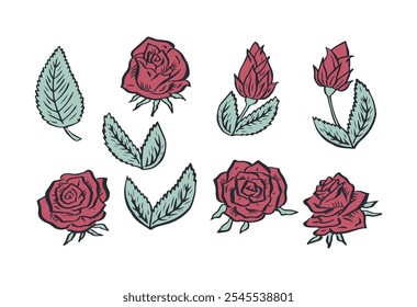 Hand drawn red rose flowers and leaves outlines set isolated on white background. Minimalist blooms design.