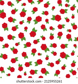 Hand drawn red rose with green leaves seamless pattern isolated on white background. Vector illustration for textile, fabric, invitation and more.