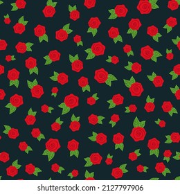 Hand drawn red rose with green leaves seamless pattern isolated on dark background. Vector illustration for textile, fabric, invitation and more.