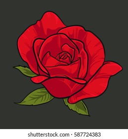 Hand drawn red rose on green background / Vector illustration / Vintage tattoo style rose