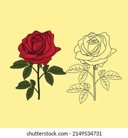 Ilustración del vector rosa rojo dibujado a mano y arte de línea 