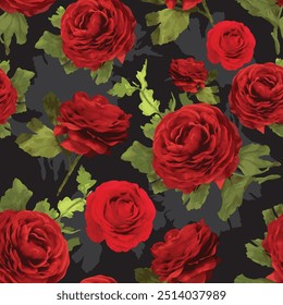 Dibujado a mano rosas rojas flores sin patrón sobre fondo negro. Diseñado para la tela de lujo y Fondo de pantalla.