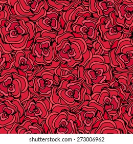 Hand drawn red roses. Vector seamless floral pattern