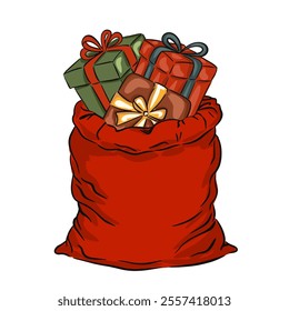 Hand drawn red sack filled with colorful gifts for a festive celebration or holiday vector illustration