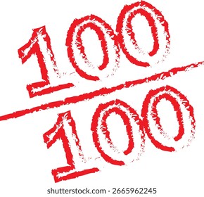 Handgezeichnetes rotes Punktzeichen mit 100 von 100 perfekten Prüfungsergebnissen