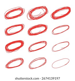 Hand drawn red scribble or doodle. Red pen drawn marks, red circle set. 