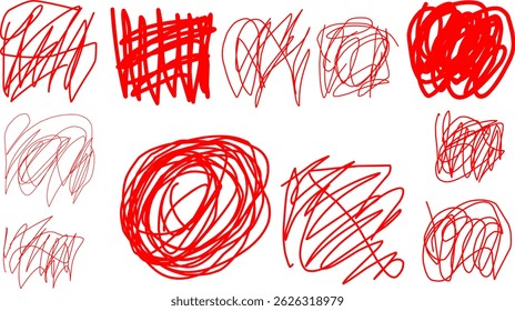 hand drawn red scribble line shape light vector set. red scribble brush stroke collection. logo design elements. chaos scribble pattern. red ink pen scribble collection