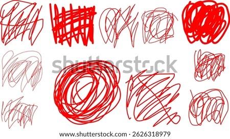 hand drawn red scribble line shape light vector set. red scribble brush stroke collection. logo design elements. chaos scribble pattern. red ink pen scribble collection