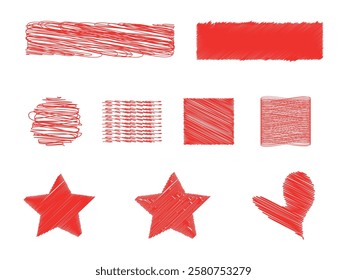 hand drawn red scribble shapes set, abstract sketch elements for design and decoration