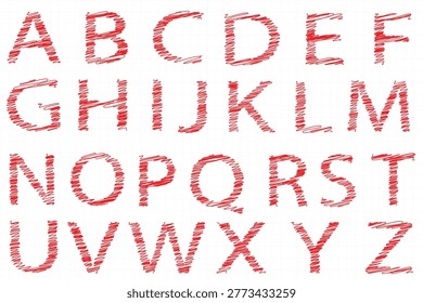 Hand drawn red scribbled alphabet letters