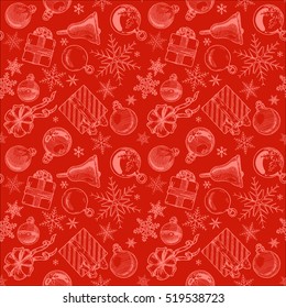 Hand drawn red seamless pattern with Christmas elements. Xmas and winter holidays. Vector illustration in ink hand drawn style. 