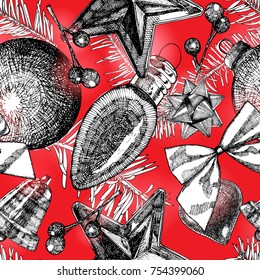 Hand drawn red seamless pattern with Christmas elements. Xmas and winter holidays. Vector.