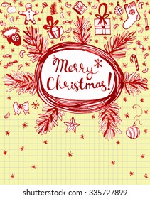 Hand drawn red seasonal winter holidays doodles made. Vector illustration.