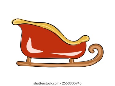 Hand drawn red sled with gold accents against a white background depicting winter activities vector illustration